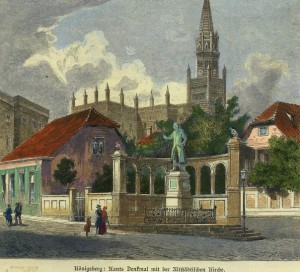 Kant's statue and Altstadt church. Colored engraving on wood. A. Klotz based on drawing by G. Schenbler. Koenigsberg museum. 1881